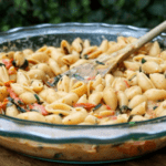 A bowl full of vegan pasta salad