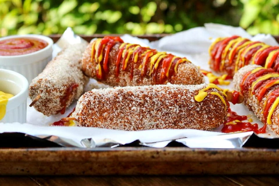 Plant-based Korean corn dog coated in sugar